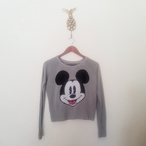 Mickey Mouse Gray Long Sleeve Crop Top Sweater - Picture 3 of 7